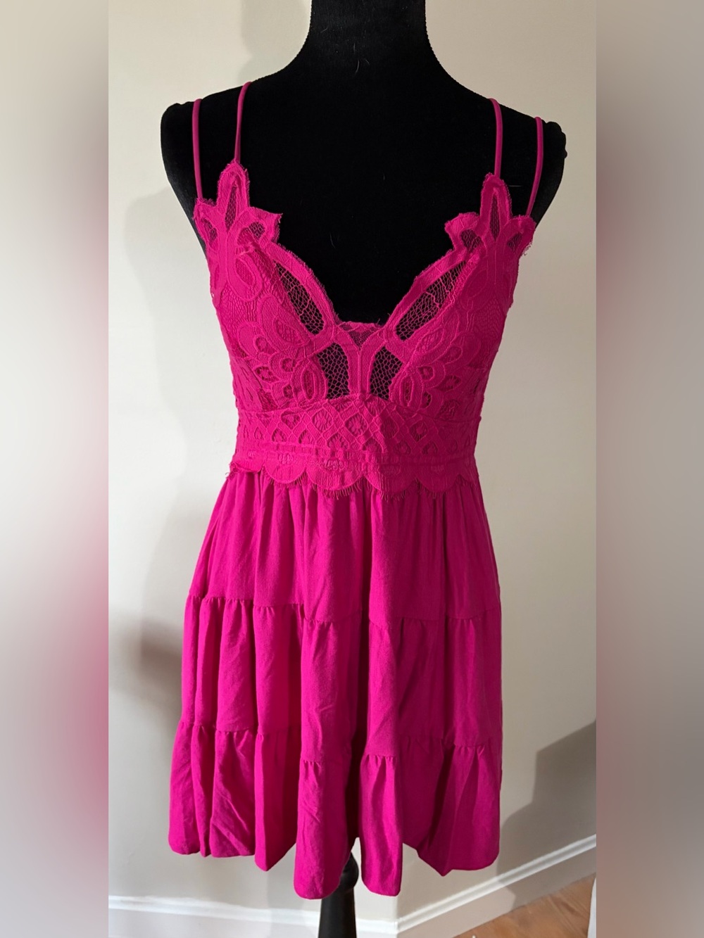 Hot Pink Lace Bodice Spaghetti Strap Dress